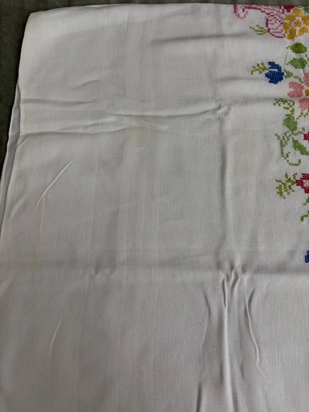 Embroidered Floral Linen Tablecloth - White with Pastel Flowers  OSK
